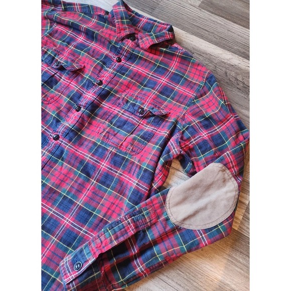 POLO RALPH LAUREN BLAKE‎ BUTTON DOWN PLAID SHIRT MENS SIZE LARGE ELBOW PATCHES - Picture 1 of 7